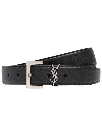 Silver Hardware Monogram Buckle Leather Belt Black - SAINT LAURENT - BALAAN 2