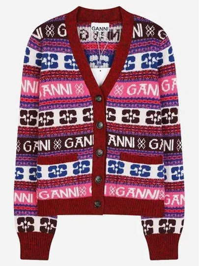 Intarsia Logo V-Neck Wool Mix Cardigan Pink - GANNI - BALAAN 2