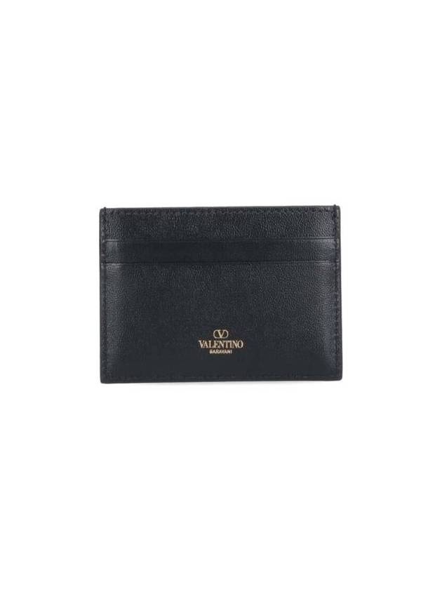 V Logo Signature Leather Card Wallet Black - VALENTINO - BALAAN 3