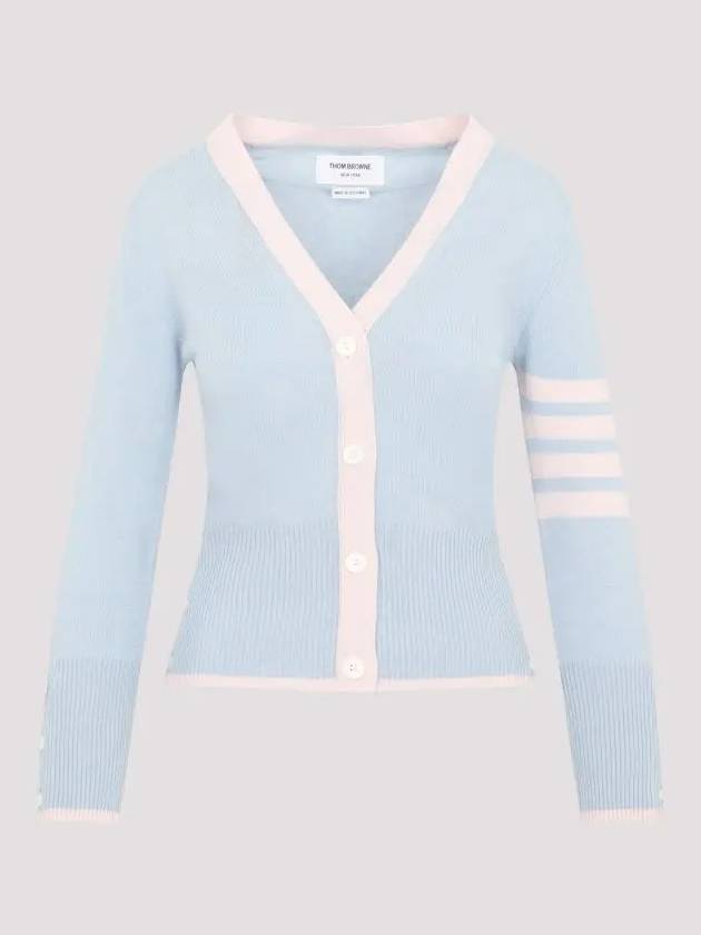 4Bar Stripe V Neck Cashmere Cardigan Light Blue - THOM BROWNE - BALAAN 2