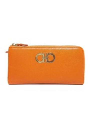 Women s Ferragamo 22 B950 Orange Leather Gold Plated Double Gancini Zippy Wallet - SALVATORE FERRAGAMO - BALAAN 1