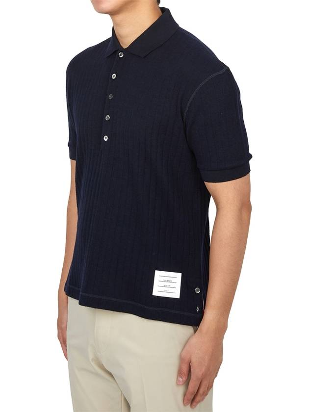 RWB Button Ribbed Polo Wool Knit Top Navy - THOM BROWNE - BALAAN 3