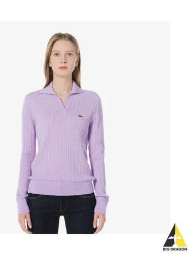 Women s Cable Open Collar Sweater Light Purple - LACOSTE - BALAAN 1