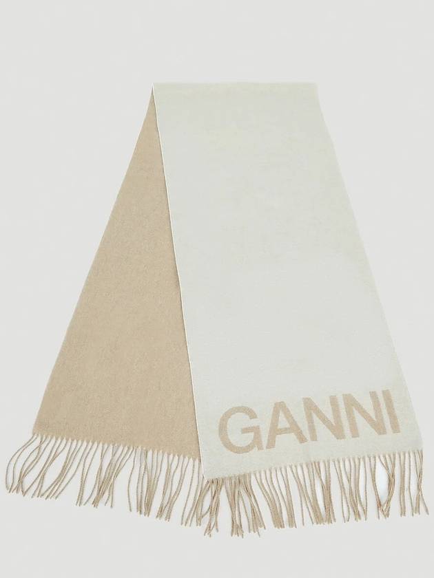 Logo Print Fringe Wool Muffler Beige - GANNI - BALAAN 4