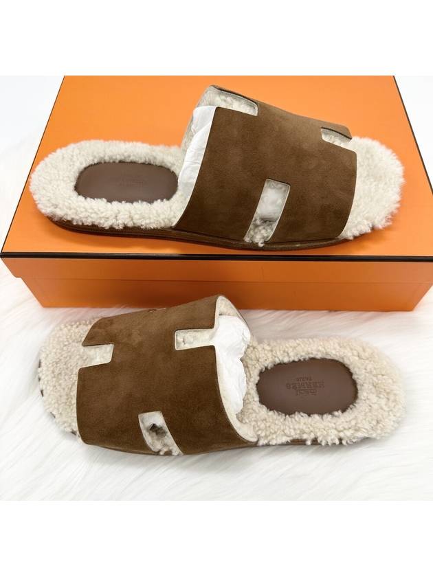 Izmir Sandals Suede Goatskin Woolskin Marron Tek Ecru - HERMES - BALAAN 5