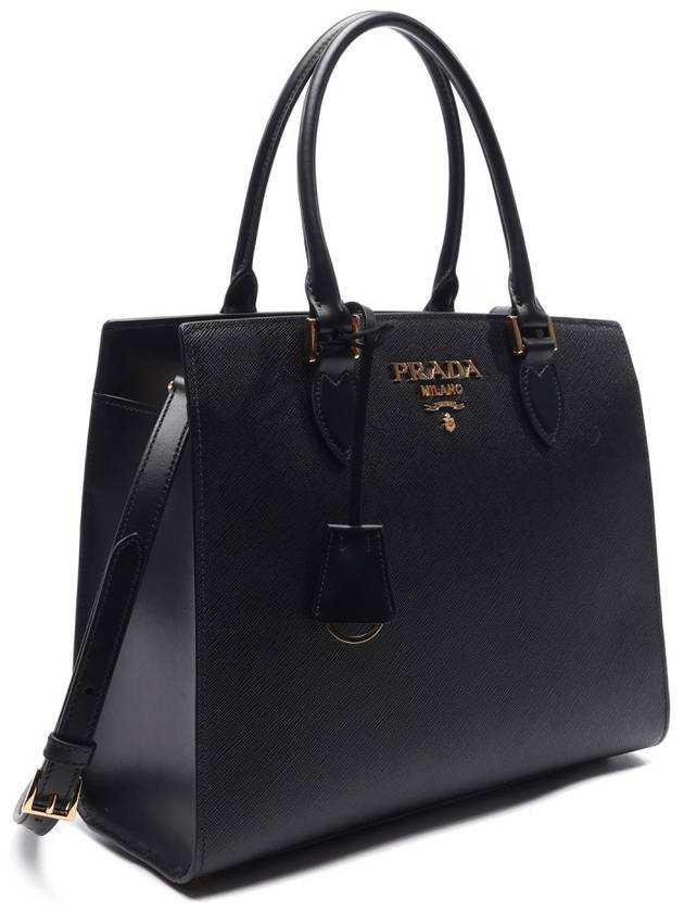 Saffiano Gold Square Leather Tote Bag Black - PRADA - BALAAN 4