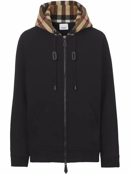 Check Cotton Blend Hoodie Zip-Up Top Black Birch Brown - BURBERRY - BALAAN 2