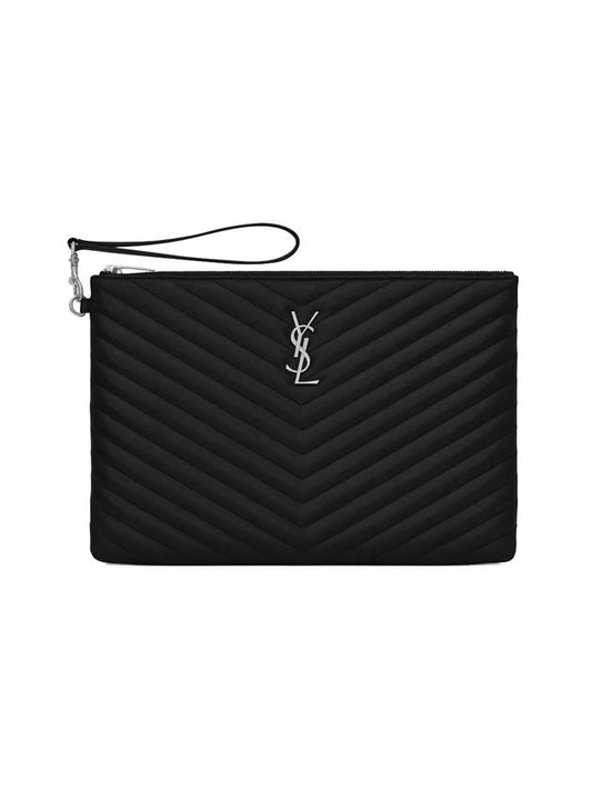 Monogram Cassandre Matelasse Silver Leather Clutch Bag Black - SAINT LAURENT - BALAAN 1