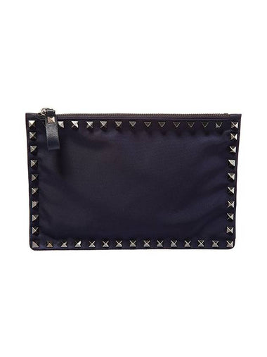 Men's Rockstud Fabric Clutch Bag Navy - VALENTINO - BALAAN 1