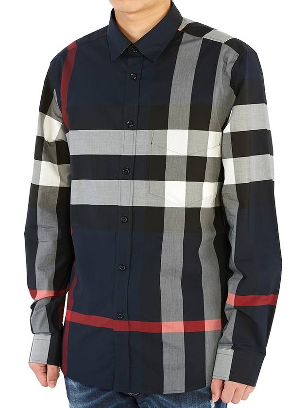 Men's Checked Stretch Cotton Poplin Long Sleeve Shirt Navy - BURBERRY - BALAAN 5