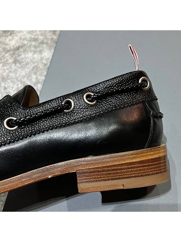 Men's Vitello Calf Leather Boat Shoes Black - THOM BROWNE - BALAAN.