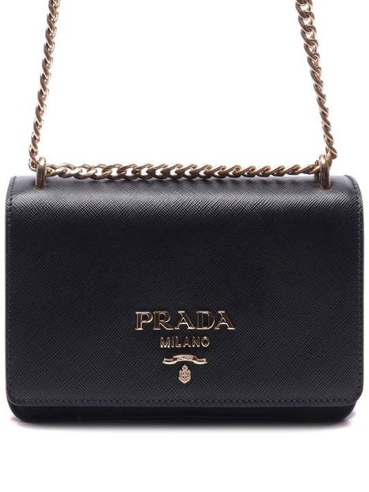Gold Logo Chain Leather Cross Bag Black - PRADA - BALAAN.