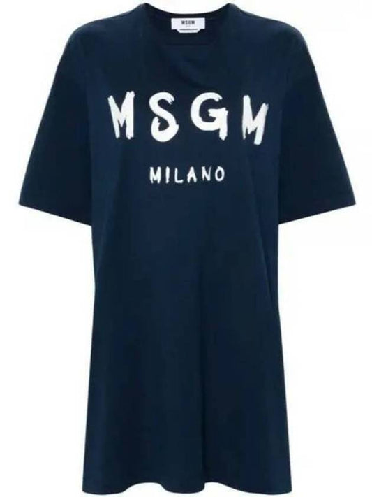 Brushed Logo Short Sleeve Cotton Short Dress Navy - MSGM - BALAAN 1