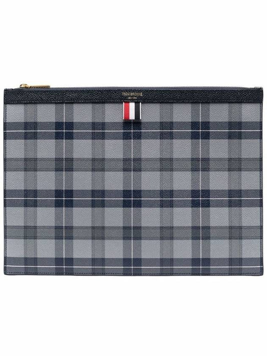 Tartan Pebble Grain Leather Clutch Bag Gray - THOM BROWNE - BALAAN.