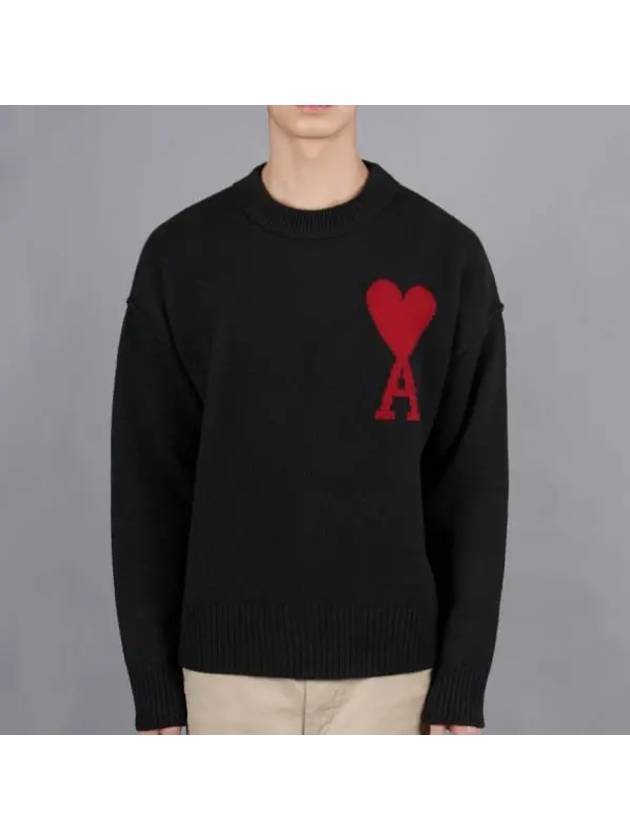 Intarsia Big Heart Logo Wool Knit Top Black - AMI - BALAAN 2