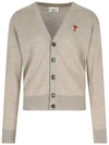 Red Heart Logo Merino Wool Cardigan Beige - AMI - BALAAN 3