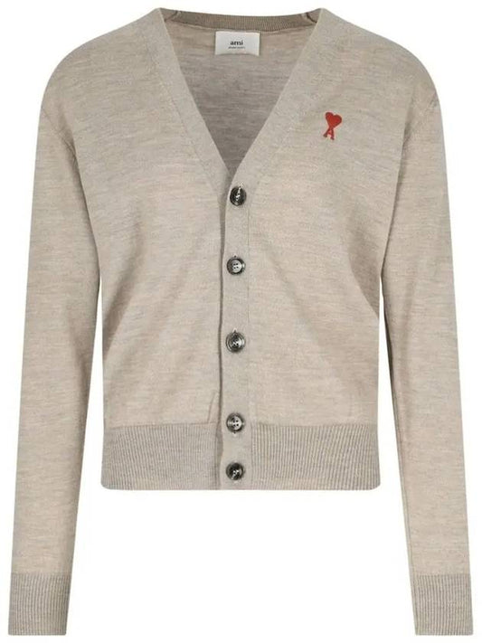 Red Heart Logo Merino Wool Cardigan Beige - AMI - BALAAN 2