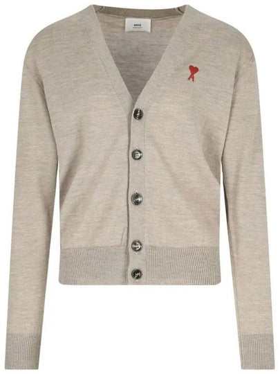 Red Heart Logo Merino Wool Cardigan Beige - AMI - BALAAN 2