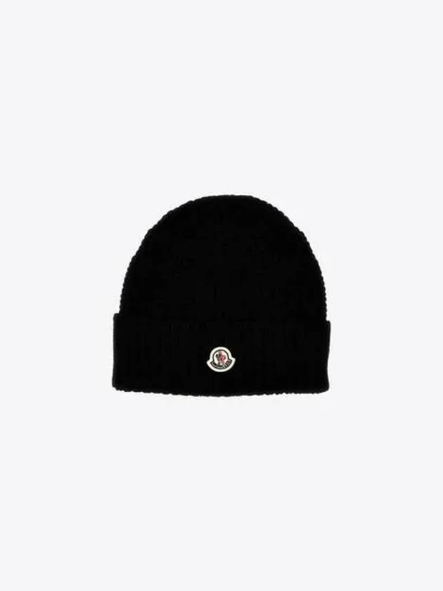 Logo Patch Wool Beanie Black - MONCLER - BALAAN 2