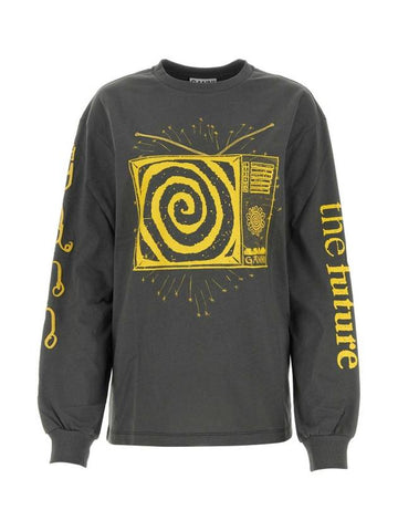 Graphic Print Long Sleeve T-Shirt Grey - GANNI - BALAAN 1