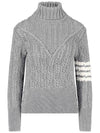 Women's 4 Bar Irish Pointelle Cable Merino Wool Turtleneck Grey - THOM BROWNE - BALAAN 2