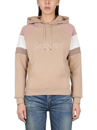 Front Logo Cotton Hoodie Beige - SAINT LAURENT - BALAAN 2