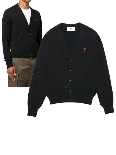 Red Heart Logo Merino Wool Cardigan Black - AMI - BALAAN 2