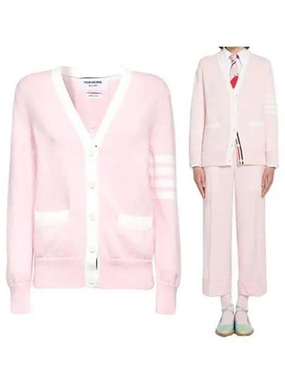 Cotton Jersey Flower 4 Bar V Neck Cardigan Light Pink - THOM BROWNE - BALAAN 2