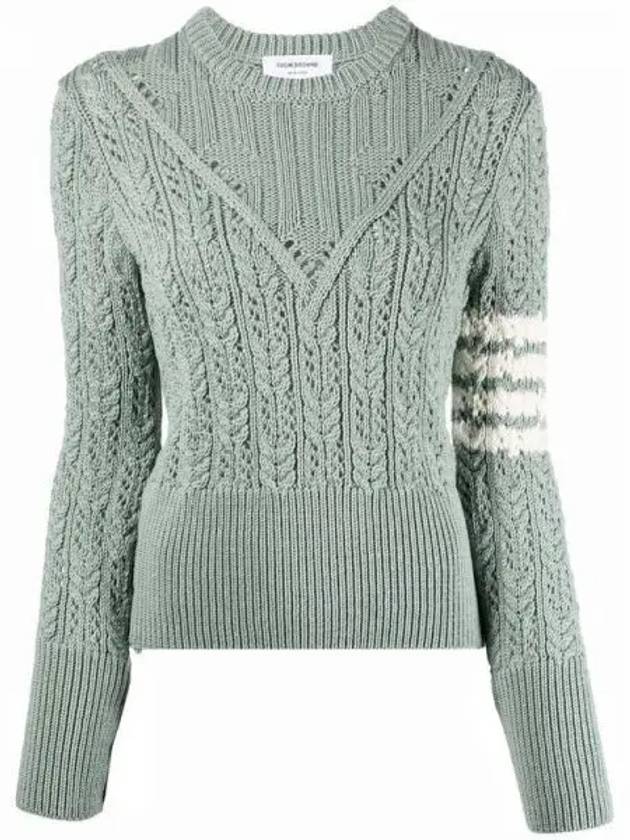 Women's 4 Bar Irish Pointelle Cable Merino Wool Knit Top Light Green - THOM BROWNE - BALAAN 2