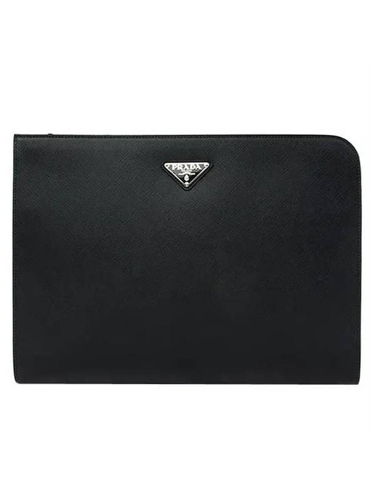 Triangle Logo Saffiano Leather Clutch Black - PRADA - BALAAN 1