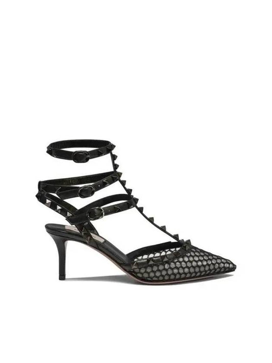 Mesh Rockstud Leather Sandal Heel 4W0S0375TPZ 0NO - VALENTINO - BALAAN 1