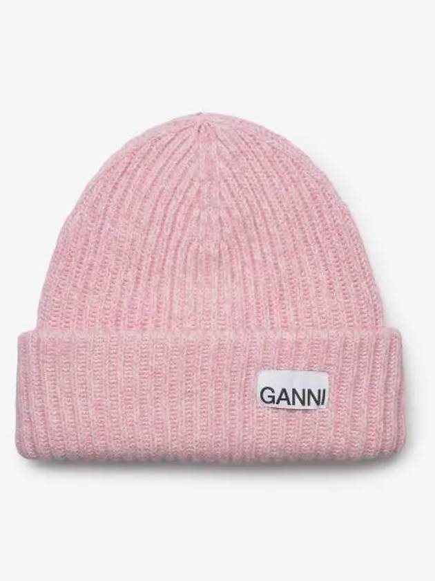 Logo Patch Knit Beanie Pink - GANNI - BALAAN 2