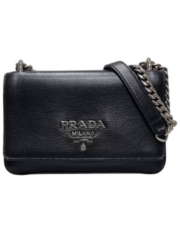 1BD144 Black leather silver chain mini cross bag - PRADA - BALAAN 1