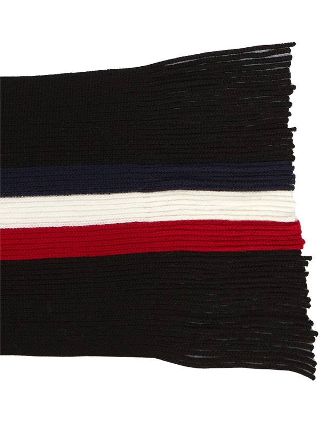 Tricolor Logo Patch Stripe Fringe Wool Muffler Black - MONCLER - BALAAN 9