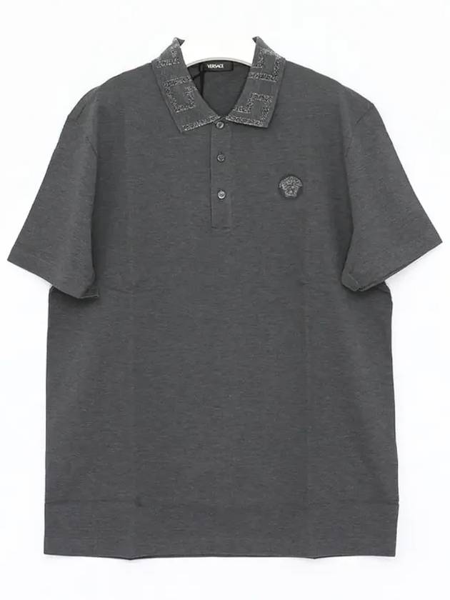 Men's Greca Embroidered Logo Short Sleeve Polo Shirt Grey - VERSACE - BALAAN 3