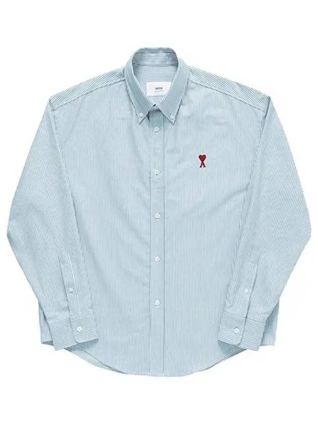 Heart Logo Stripe Oversized Fit Long Sleeve Shirt White Light Blue - AMI - BALAAN 3