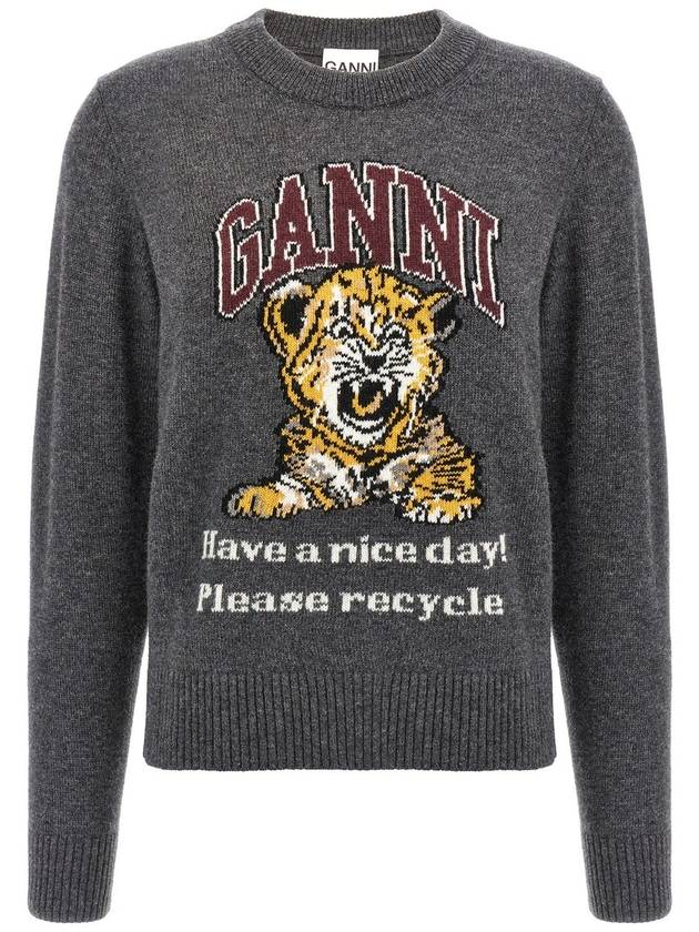 Graphic Wool Mix Tiger Crewneck Knit Top Grey - GANNI - BALAAN 2