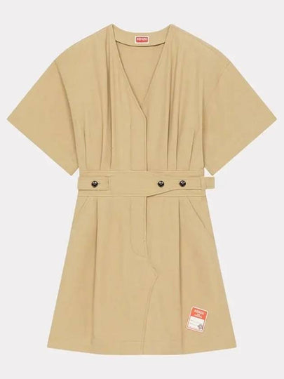 V-neck Shirt Belt Cotton Short Dress Beige - KENZO - BALAAN 2