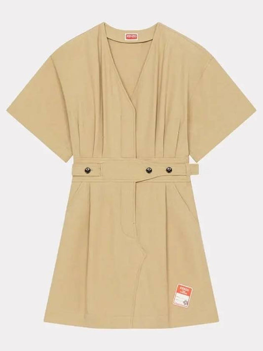 V-neck Shirt Belt Cotton Short Dress Beige - KENZO - BALAAN 2