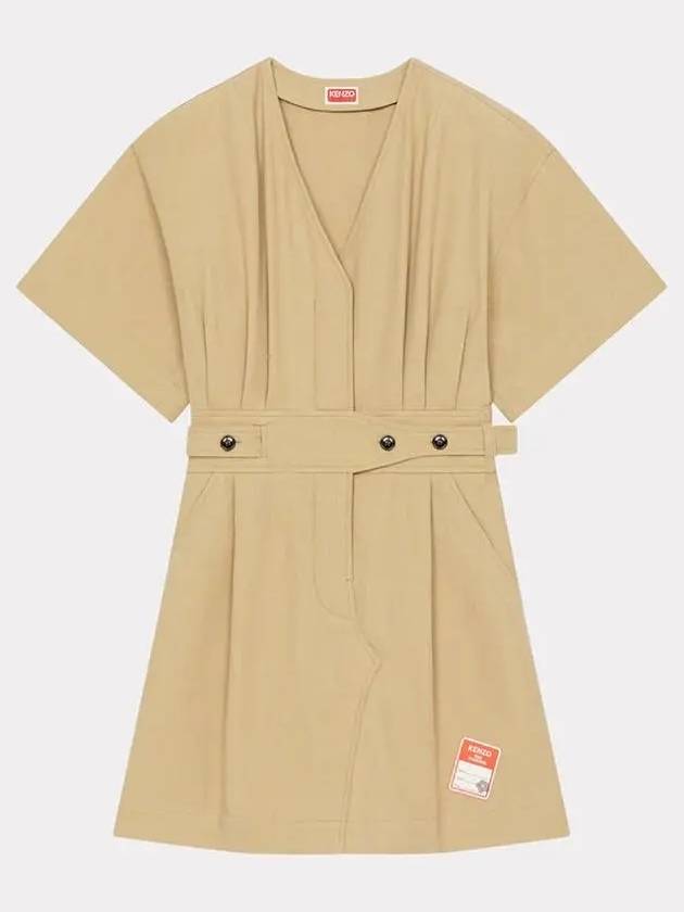 V-neck Shirt Belt Cotton Short Dress Beige - KENZO - BALAAN 3