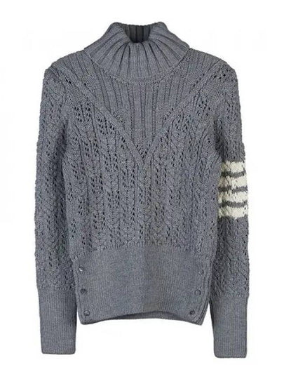 Women's 4 Bar Irish Pointelle Cable Merino Wool Turtleneck Grey - THOM BROWNE - BALAAN 2