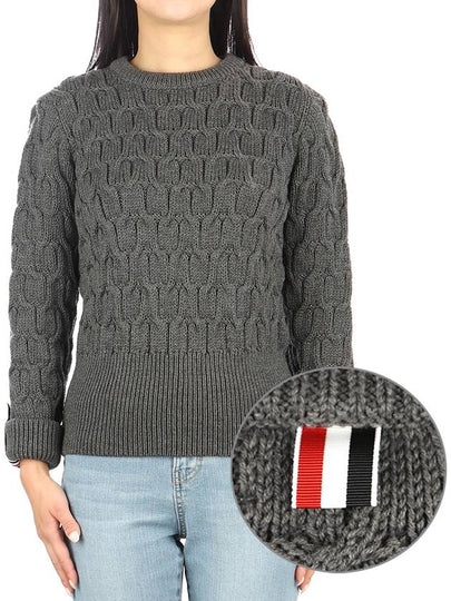 Merino Crisscross Cable Stitch Crewneck Knit Top Grey - THOM BROWNE - BALAAN 2