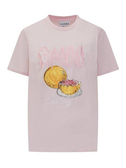 Logo Applique Graphic Print Short Sleeve T Shirt Pink - GANNI - BALAAN 2