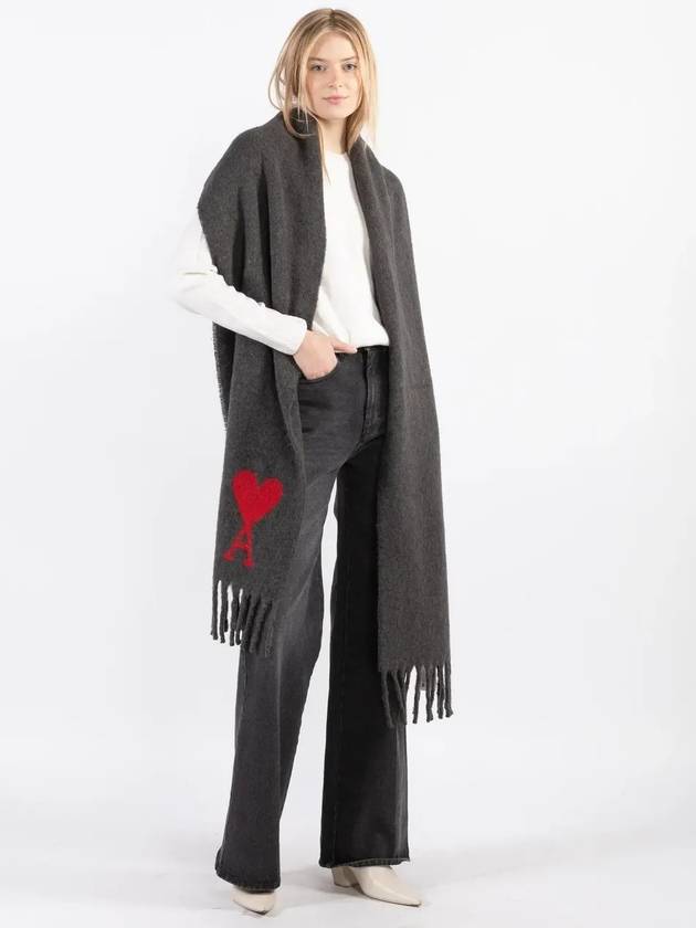 Heart Logo Oversized Wool Fringe Scarf Dark Grey - AMI - BALAAN 4