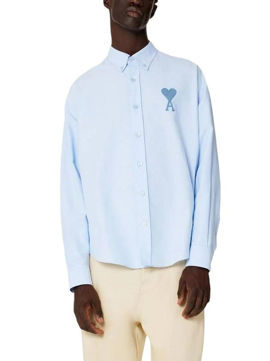 Heart Logo Oxford Long Sleeve Shirt Light Blue - AMI - BALAAN 1