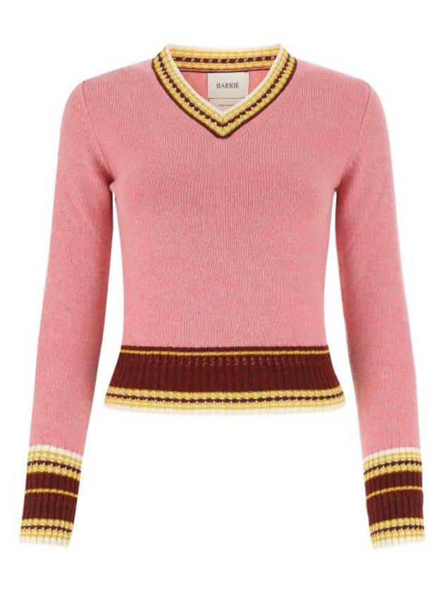 Contrast Striped V-neck Cashmere Knit Top Pink - BARRIE - BALAAN 1