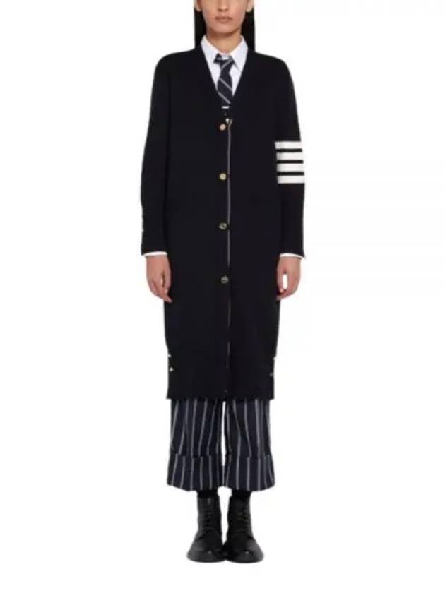 Cotton Crepe Milano Stitch 4-Bar Long V-Neck Cardigan Navy - THOM BROWNE - BALAAN 2