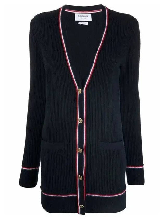 Three Stripe Trim Ribbed Cashmere V Neck Cardigan Navy - THOM BROWNE - BALAAN 1