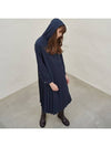 Women's Hooded Pleated Long Dress Navy - MITTE - BALAAN 2