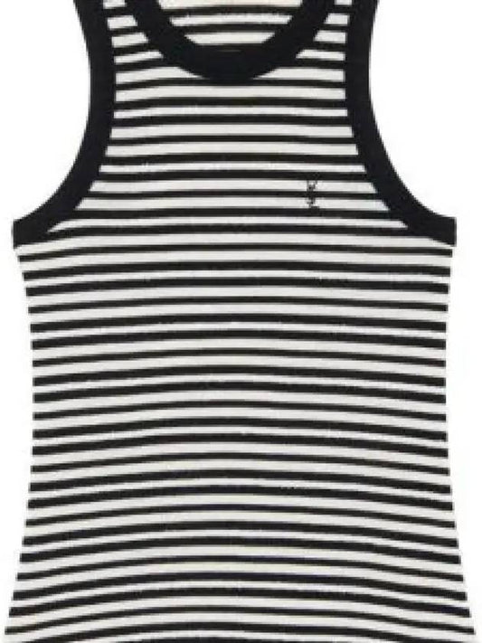 Logo Embroidered Striped Cotton Sleeveless White Black - SAINT LAURENT - BALAAN 2